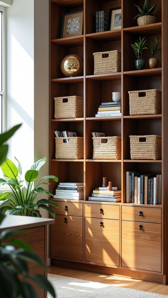 baskets enhance bookshelf organization