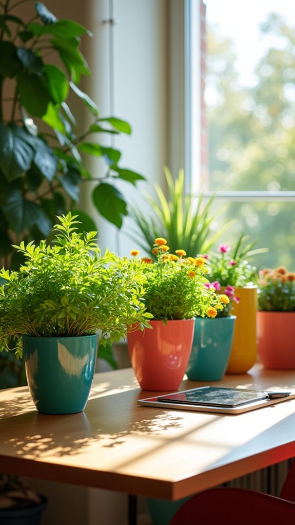 colorful planters brighten workspace