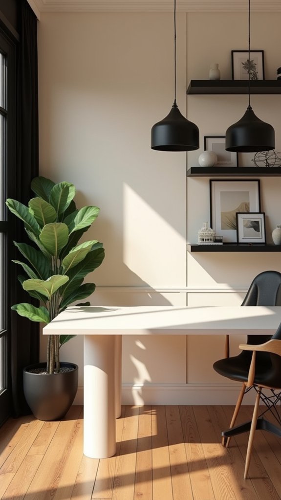 cream walls black shelves