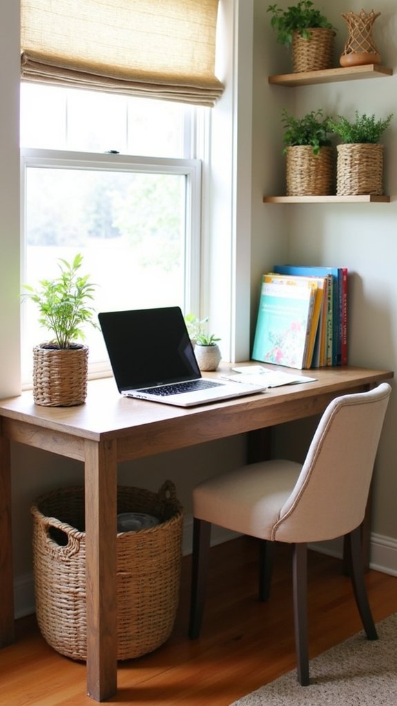 organized workspace with baskets