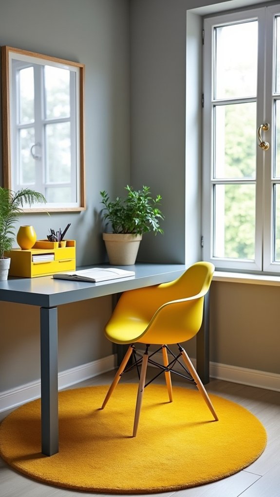 vibrant grey yellow workspace design