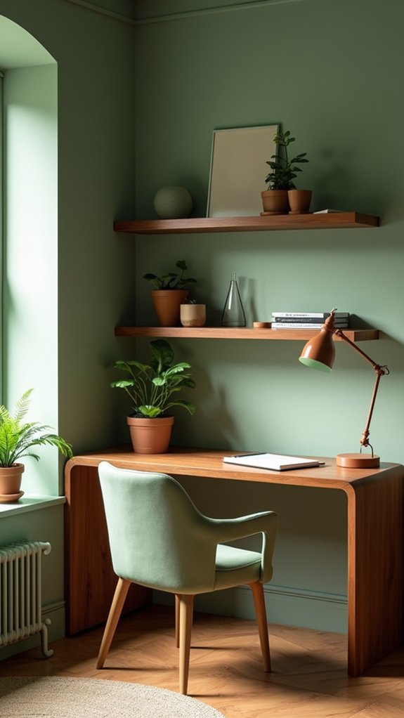 wood accents enhance sage green