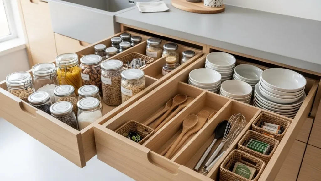 Hvordan organisere kjøkkenskap for maksimal plass Hvordan organisere kjøkkenskap for maksimal plass