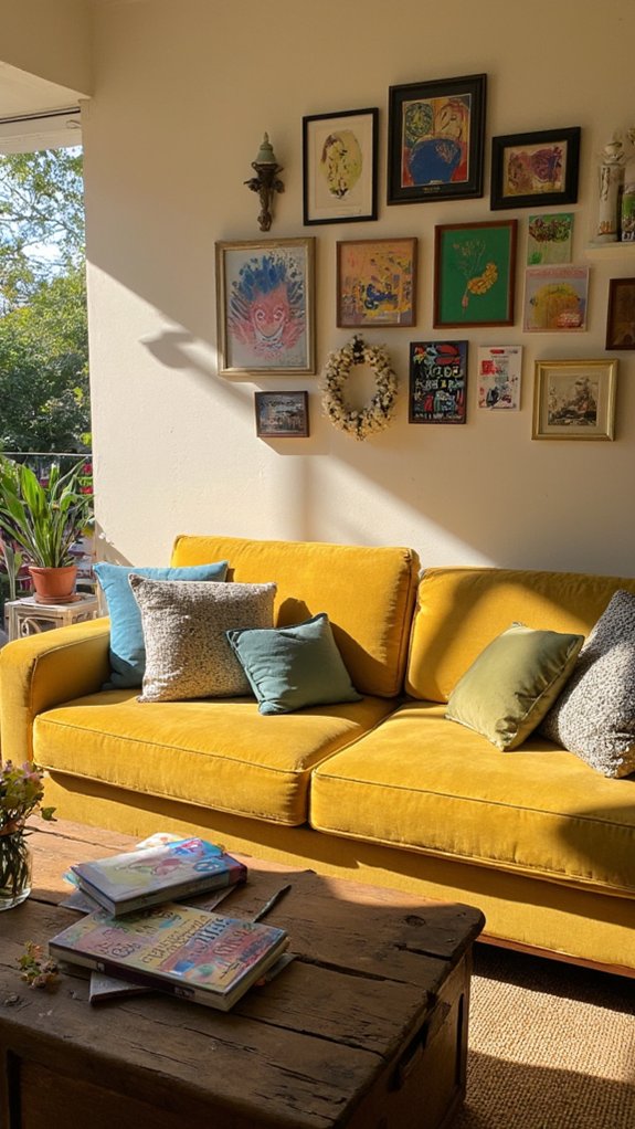 artwork above yellow sofa