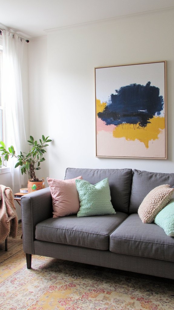 artwork enhances grey sofa