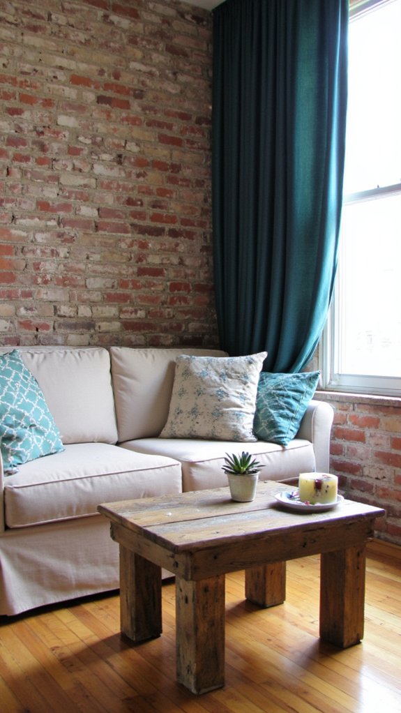 beige sofa teal curtains