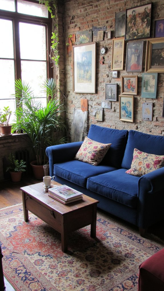 blue velvet sofa centerpiece