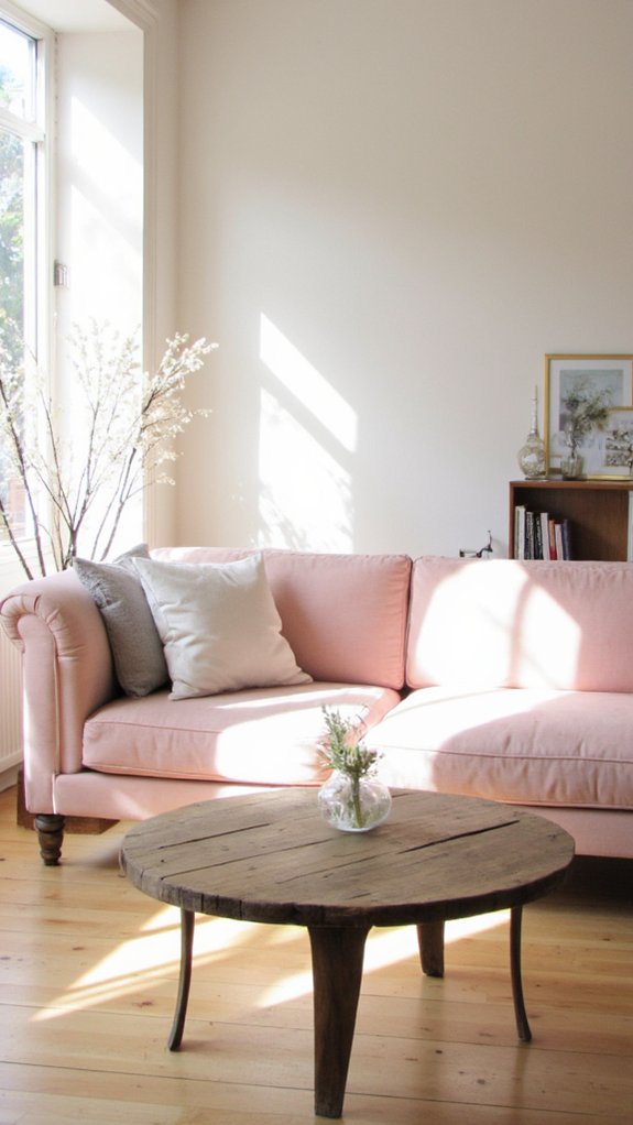 blush sofa enhances minimalist decor