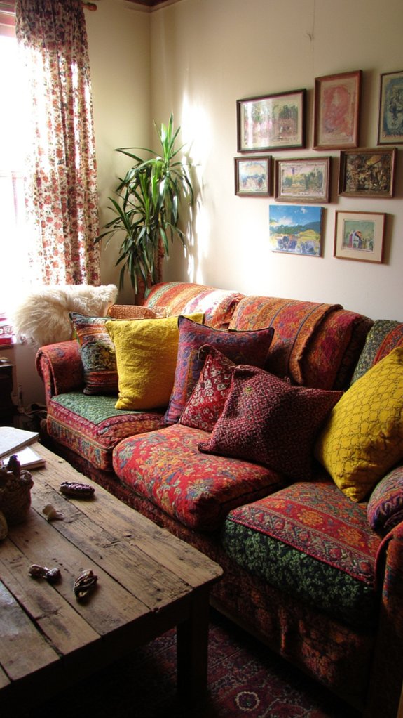 bohemian sofa with textiles