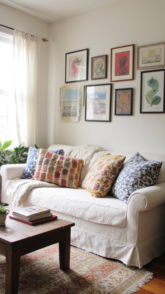 bold art enhances cream sofa
