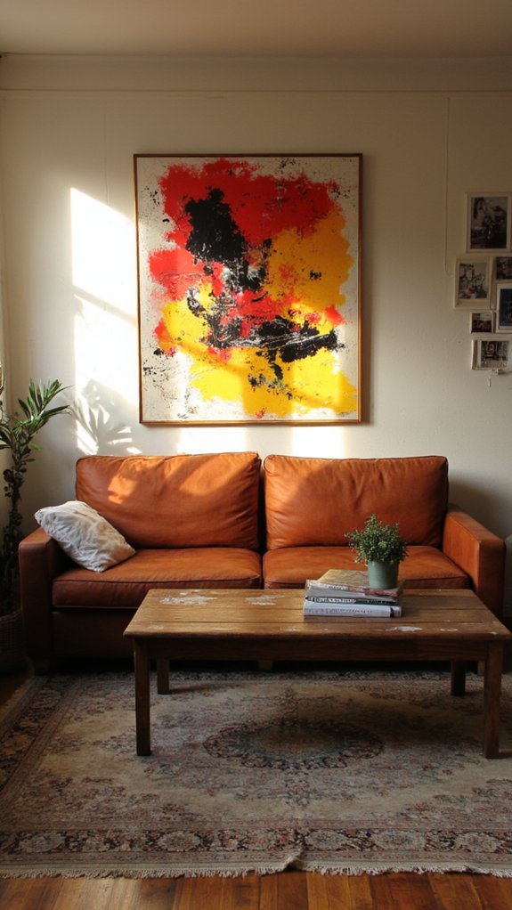 bold artwork complements brown sofa