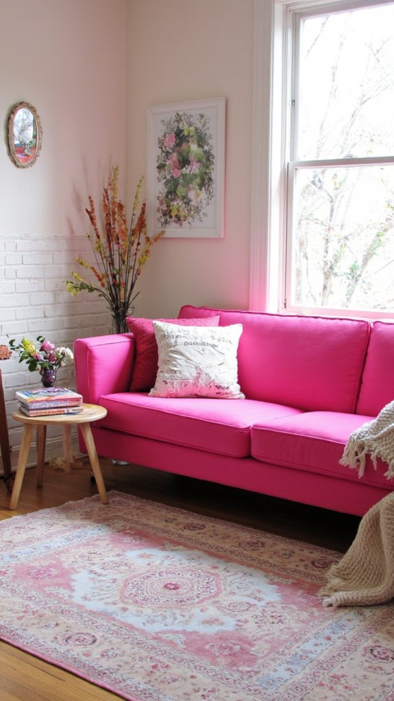 bold pink tuxedo sofa