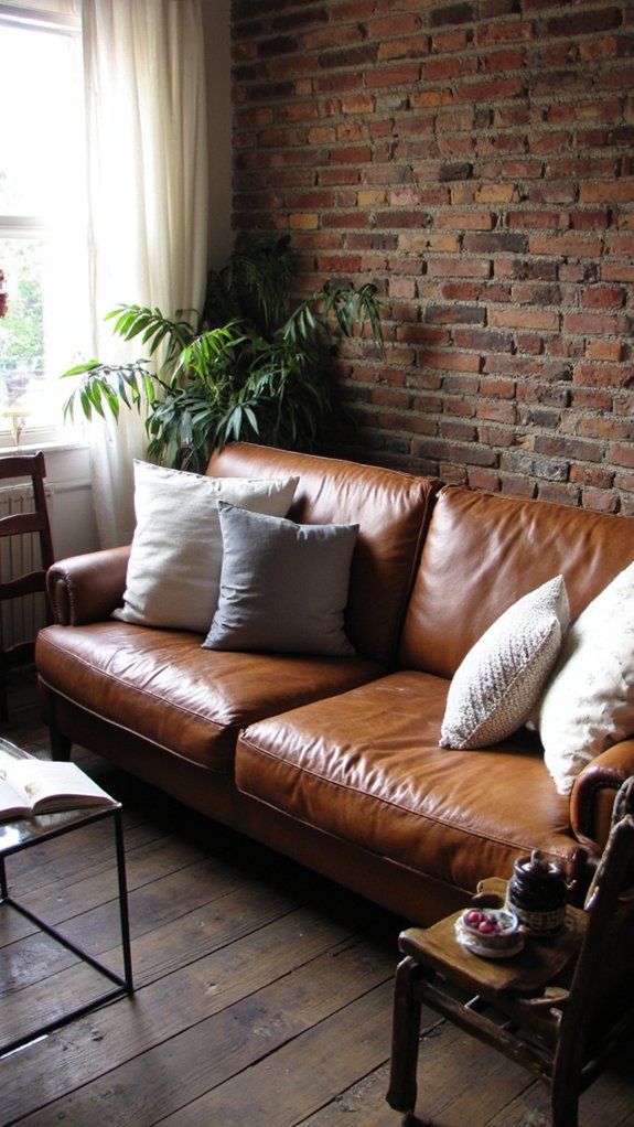 brown sofa with accents