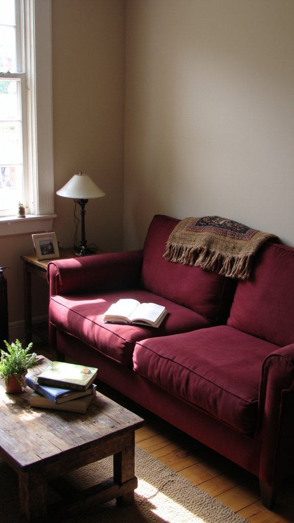 burgundy sofa taupe walls