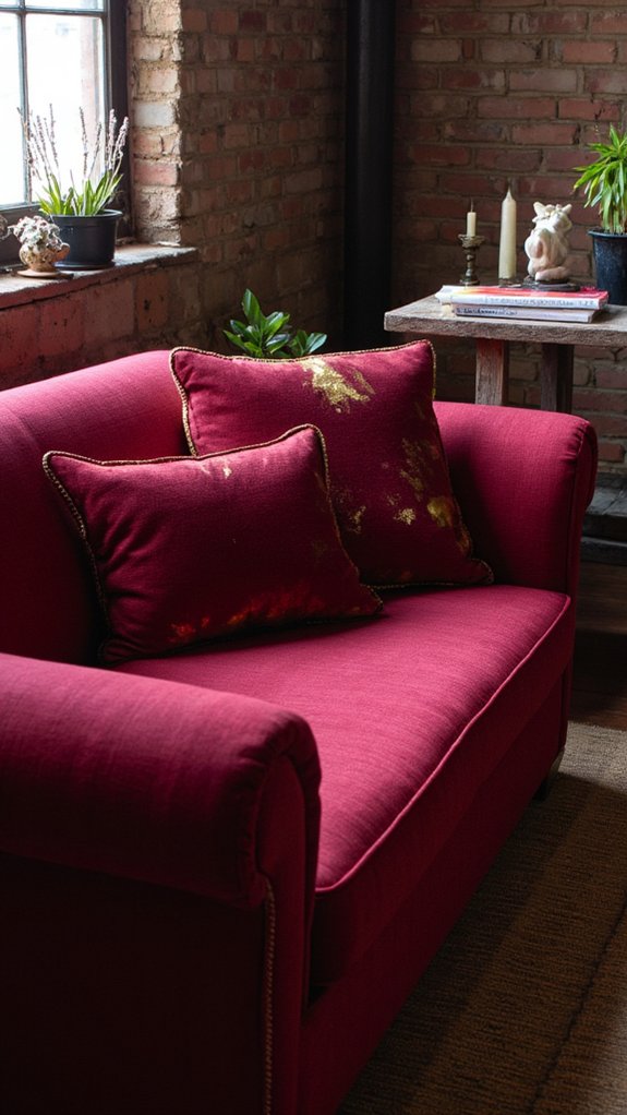 burgundy sofa with gold accents
