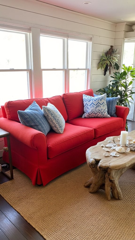coastal retreat red sofa