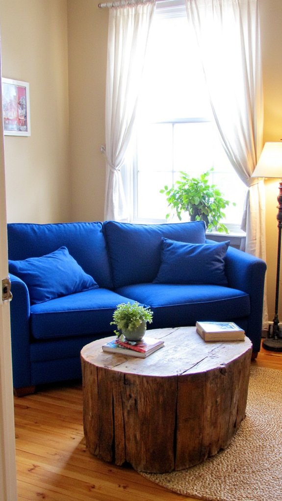cobalt sofa beige walls