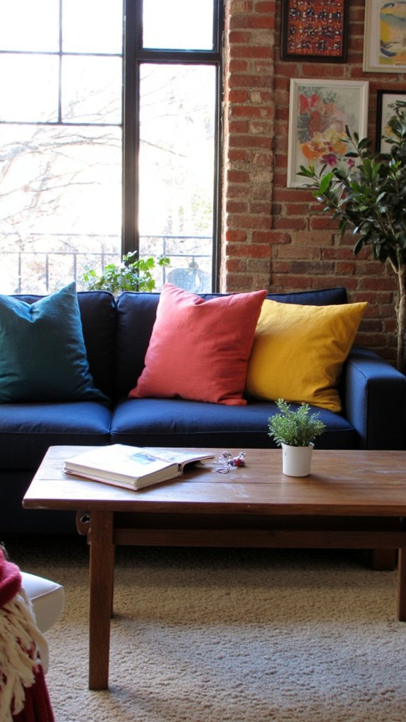 colorful pillows brighten navy