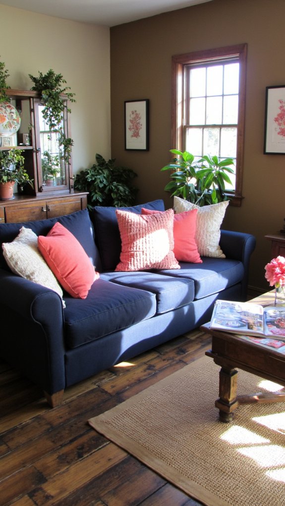 coral accents brighten navy