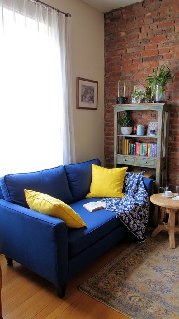 cozy blue yellow reading nook