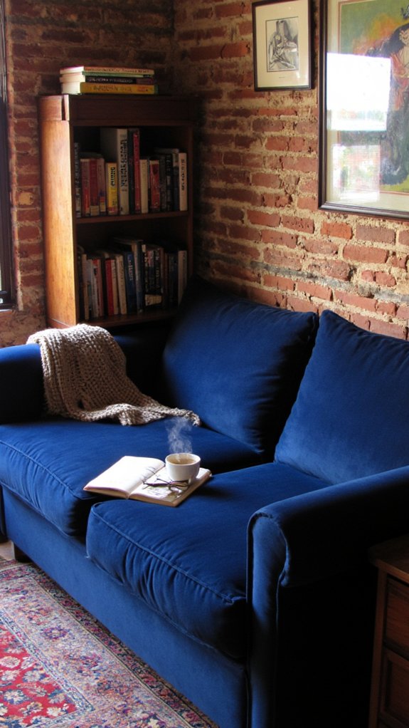 cozy navy velvet sofa