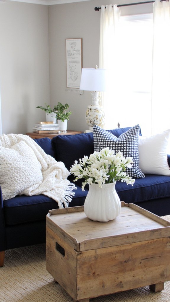 crisp white accents enhance navy