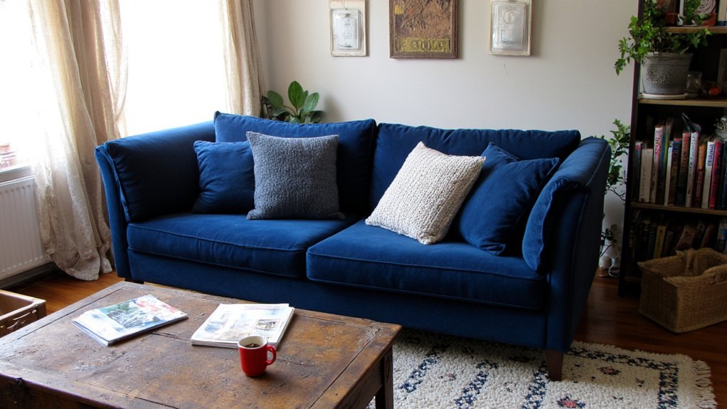 dramatic blue velvet sofas