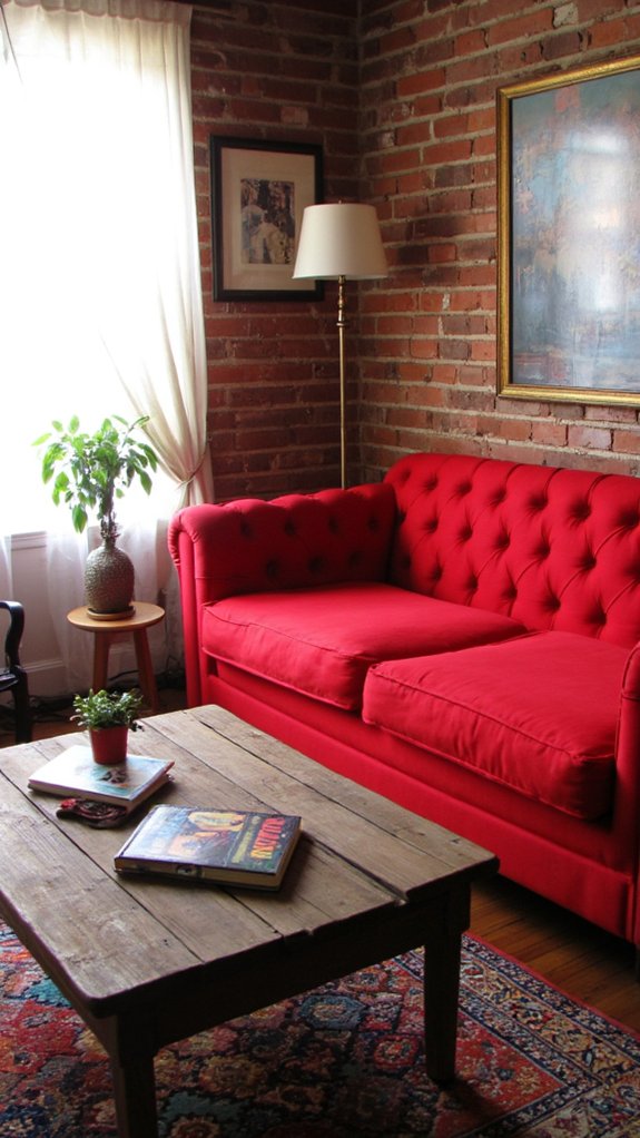 elegant red tufted sofa
