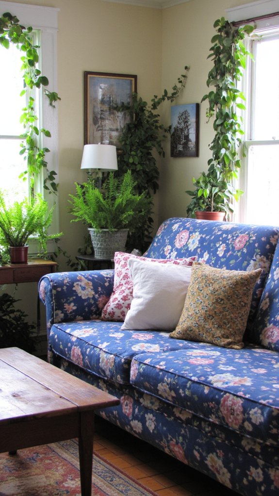 floral sofa with greenery