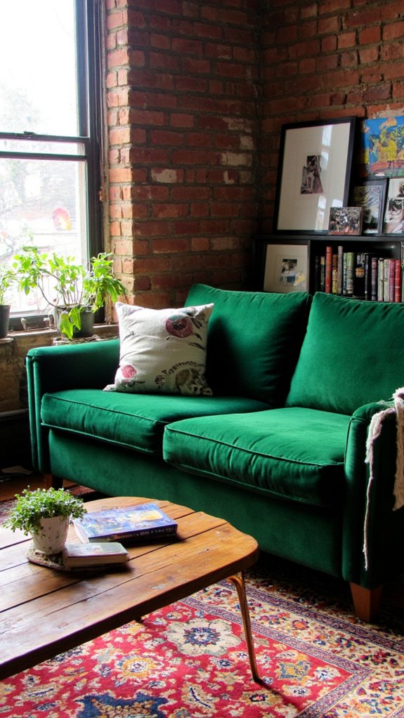 green sofa colorful rugs