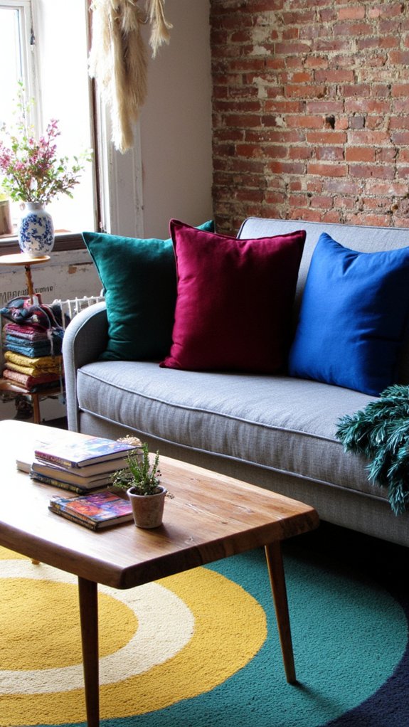 jewel tones elevate grey sofa