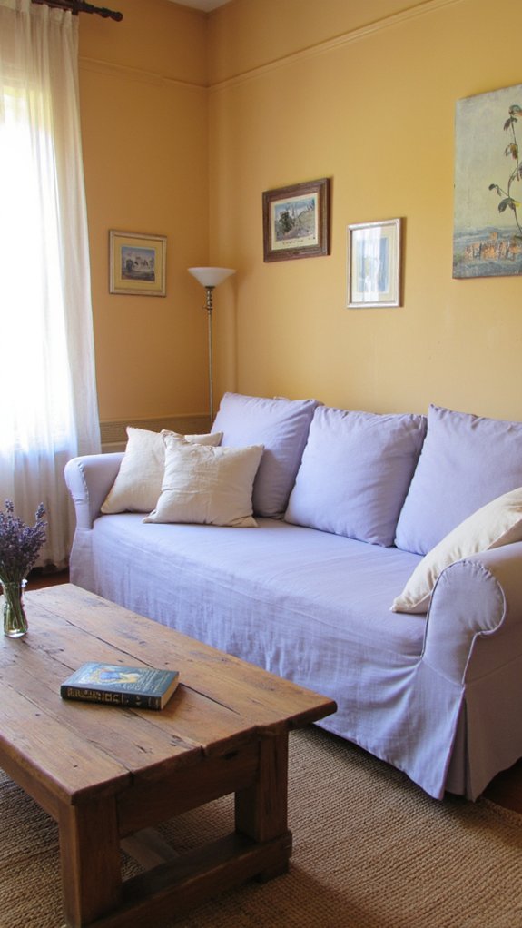 lavender sofa sand walls
