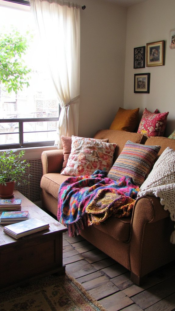 layered pillows and throws