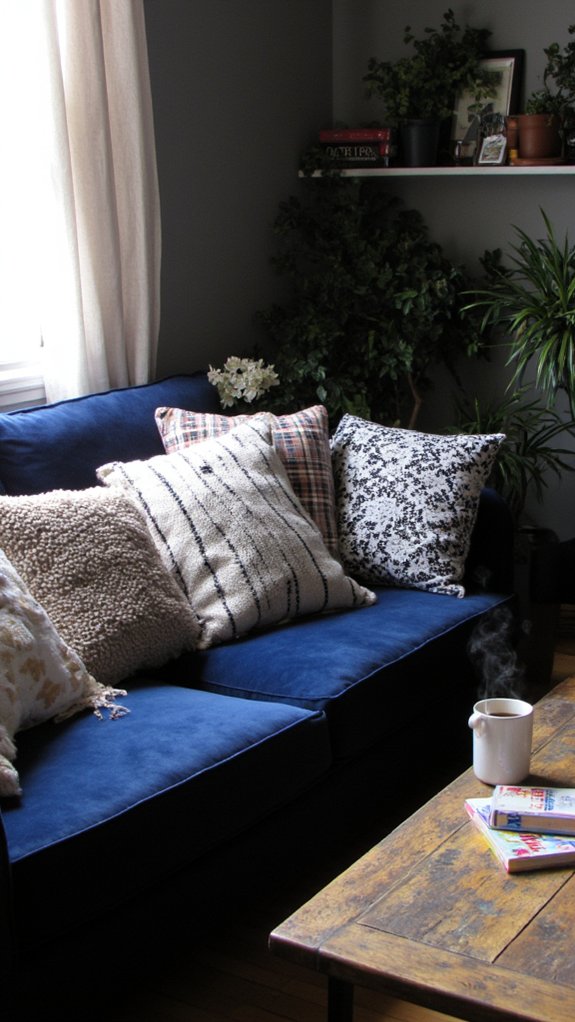 layered textured pillow arrangement