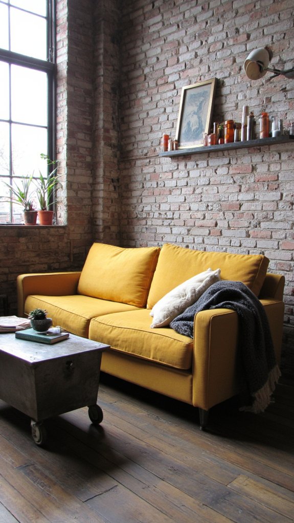 mustard sofa in industrial decor
