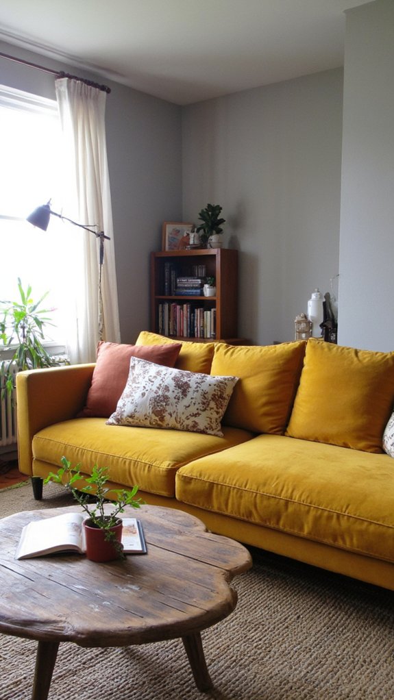 mustard velvet sofa centerpiece
