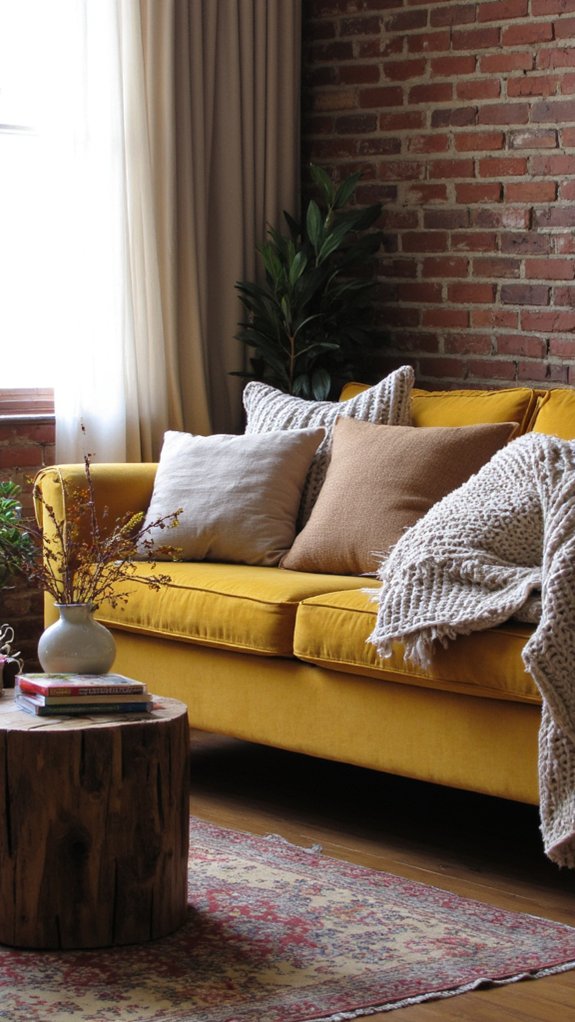mustard velvet sofa layering