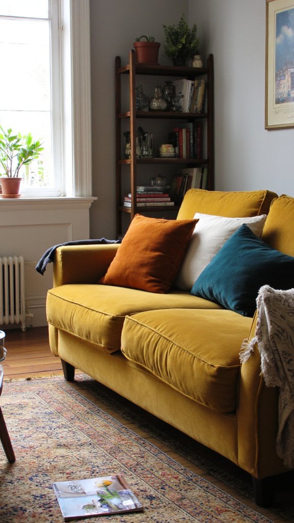 mustard velvet sofa styling