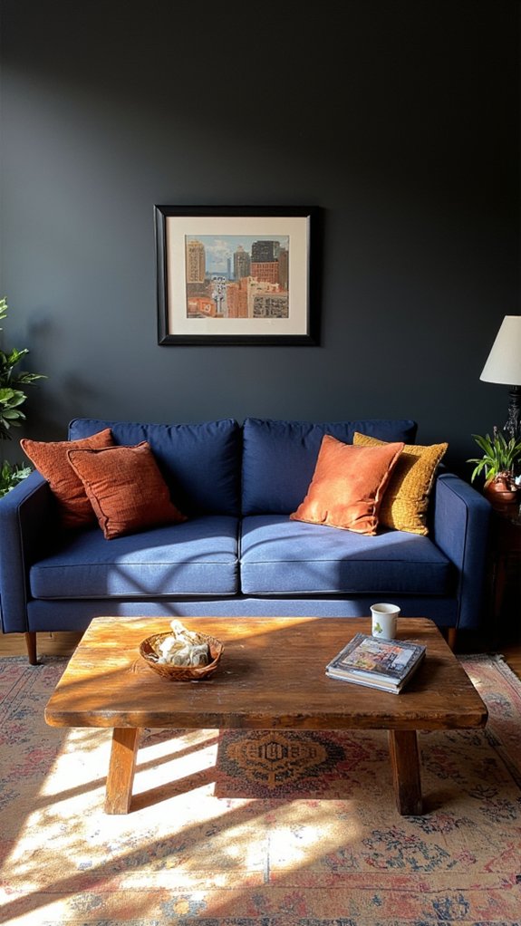 navy charcoal rust accents