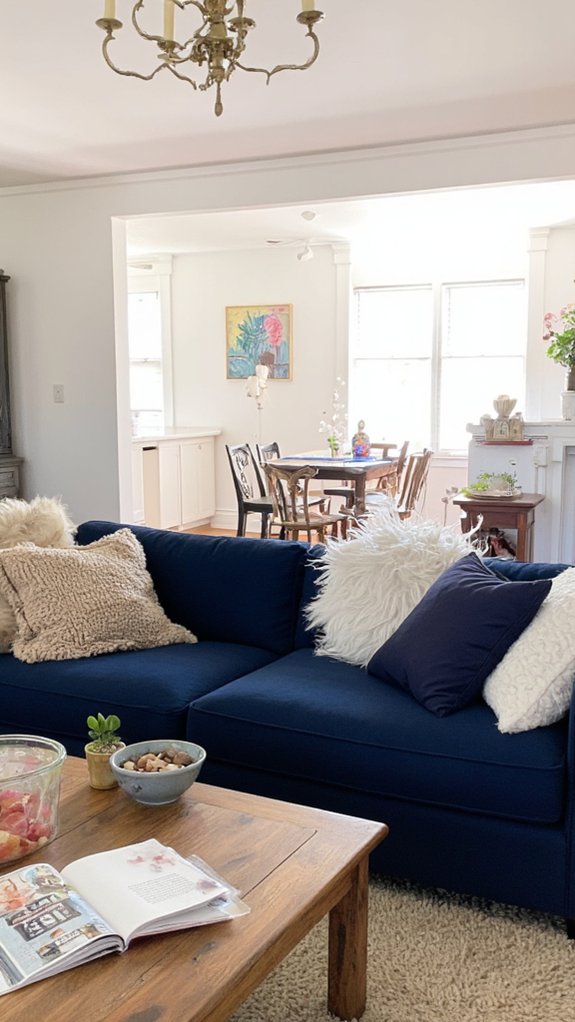 navy sofa as divider