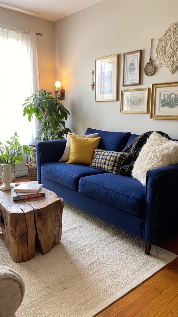 navy sofa gold accents