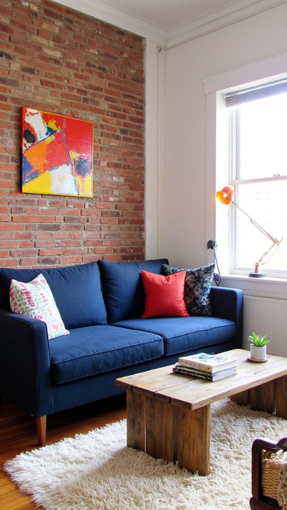 navy sofa in retro setting