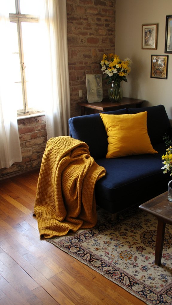 navy sofa mustard accents