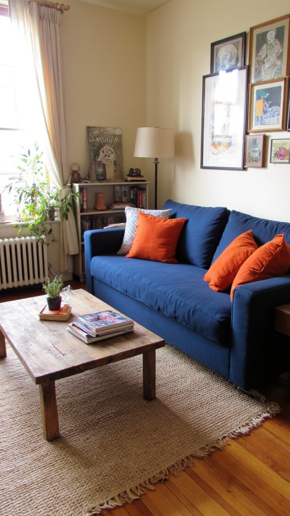 navy sofa orange accents
