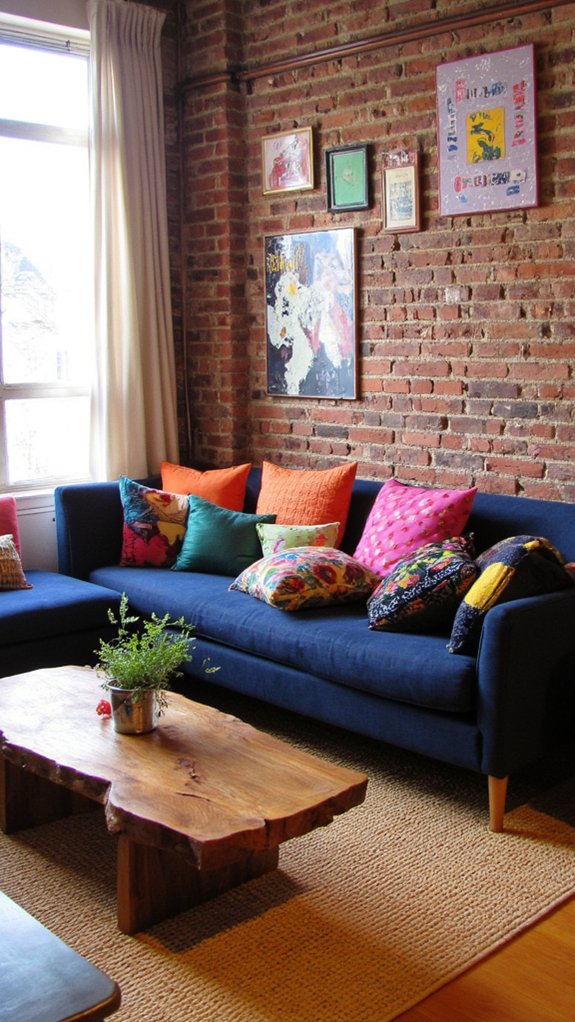 navy sofa vibrant textiles