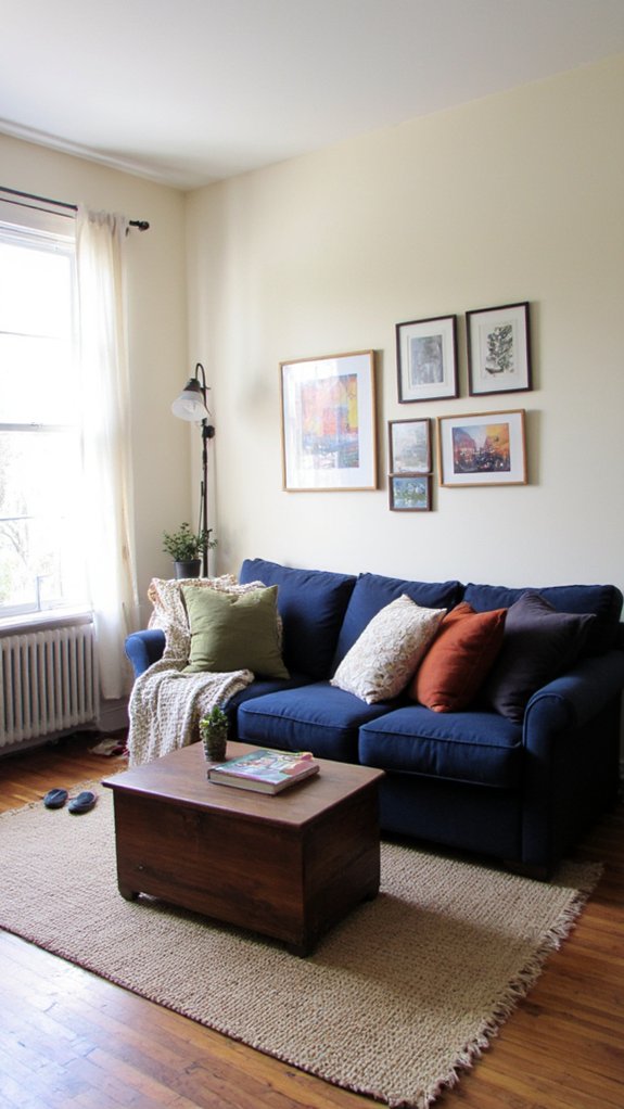 navy sofa warm earth tones