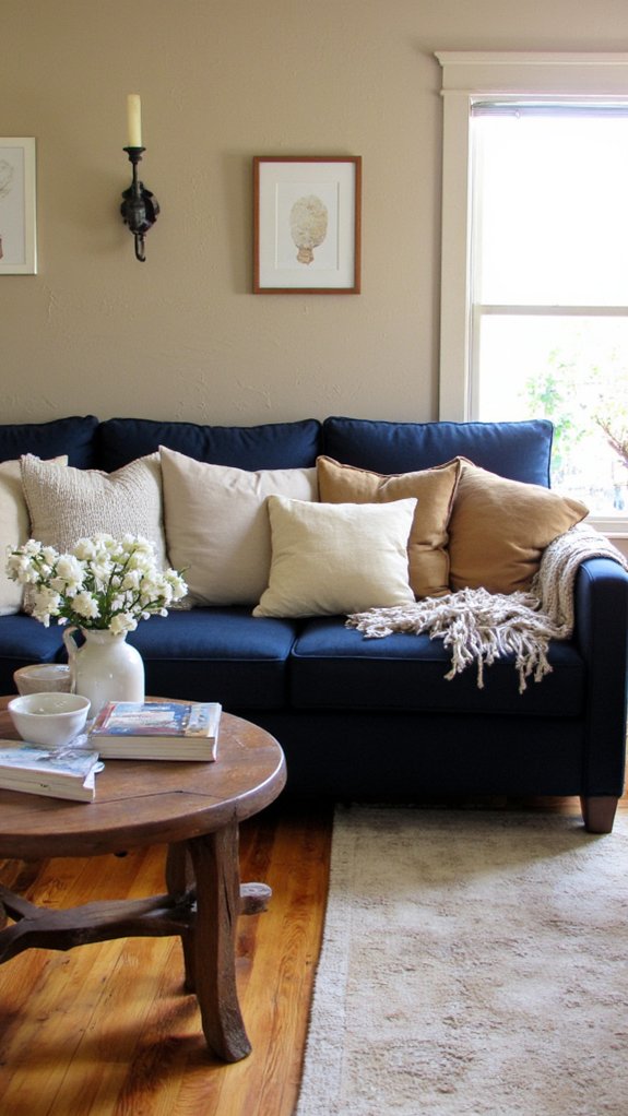 navy sofa with beige accents