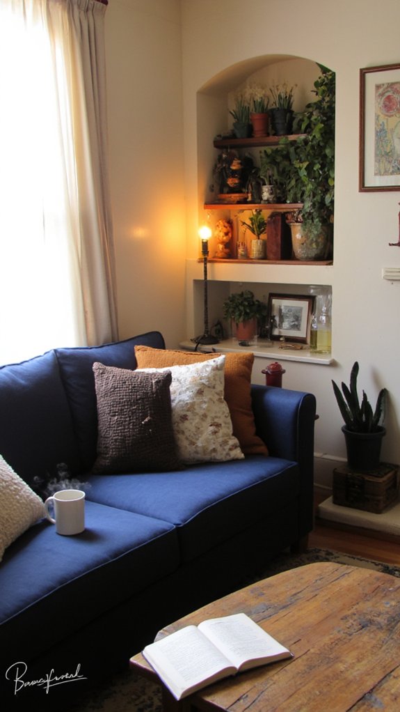 navy sofa with cozy lighting
