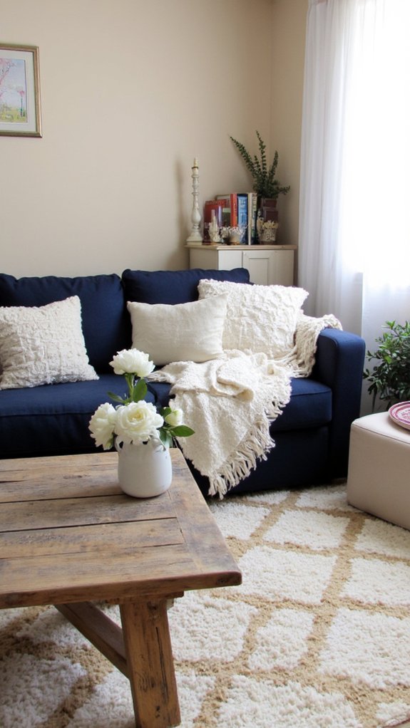 navy sofa with cream accents