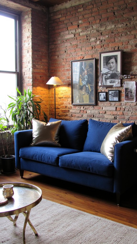 navy sofa with metallic accents